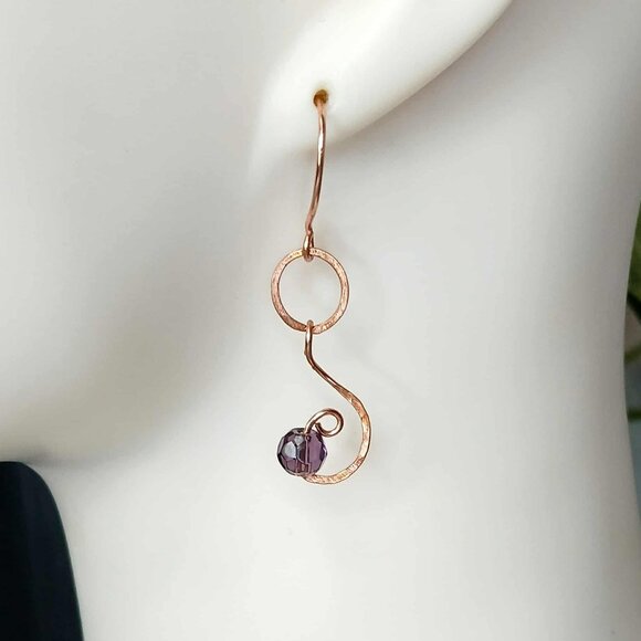 Boho Chic Purple Glass Beaded Dangle Earrings, Hammered Copper Jewelry 2" - Picture 1 of 6